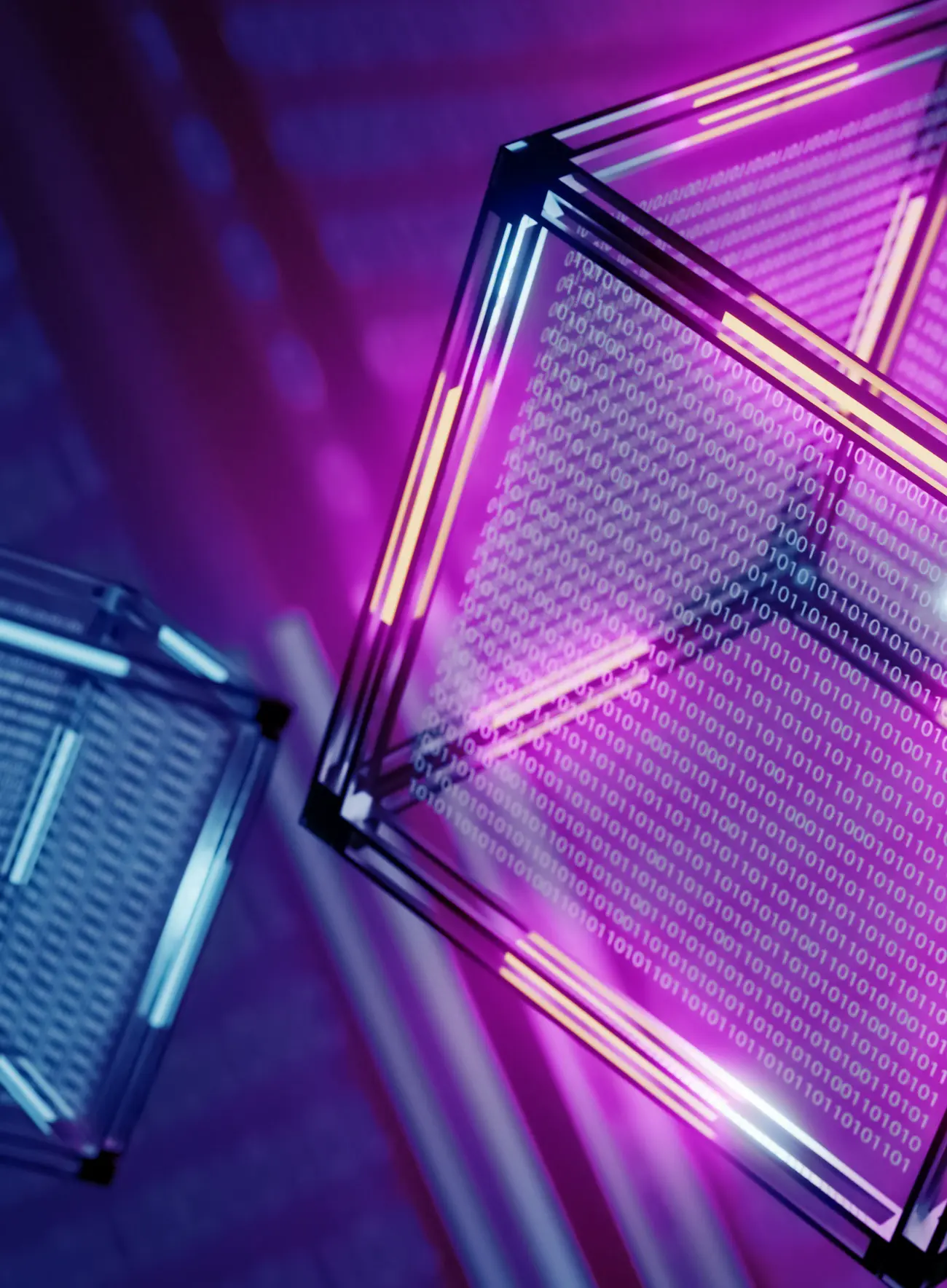 Close-up of translucent cubes with binary code and neon purple and blue lighting.
