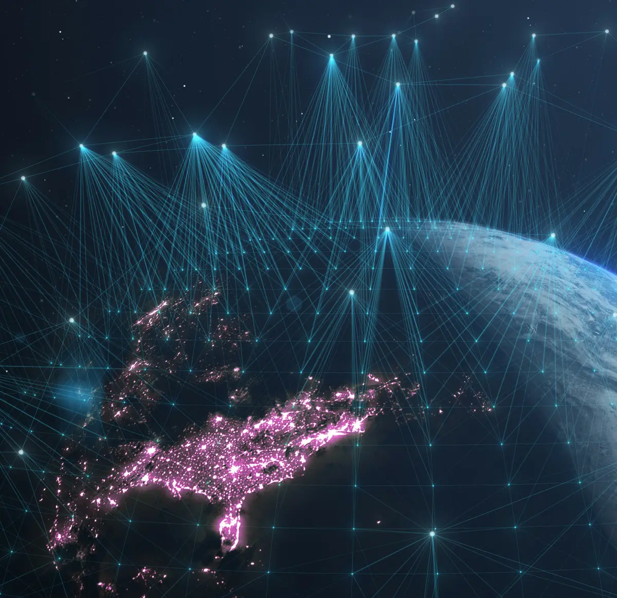 Digital network connections over a glowing map of North America on Earth at night, symbolizing global communication and smart cities.
