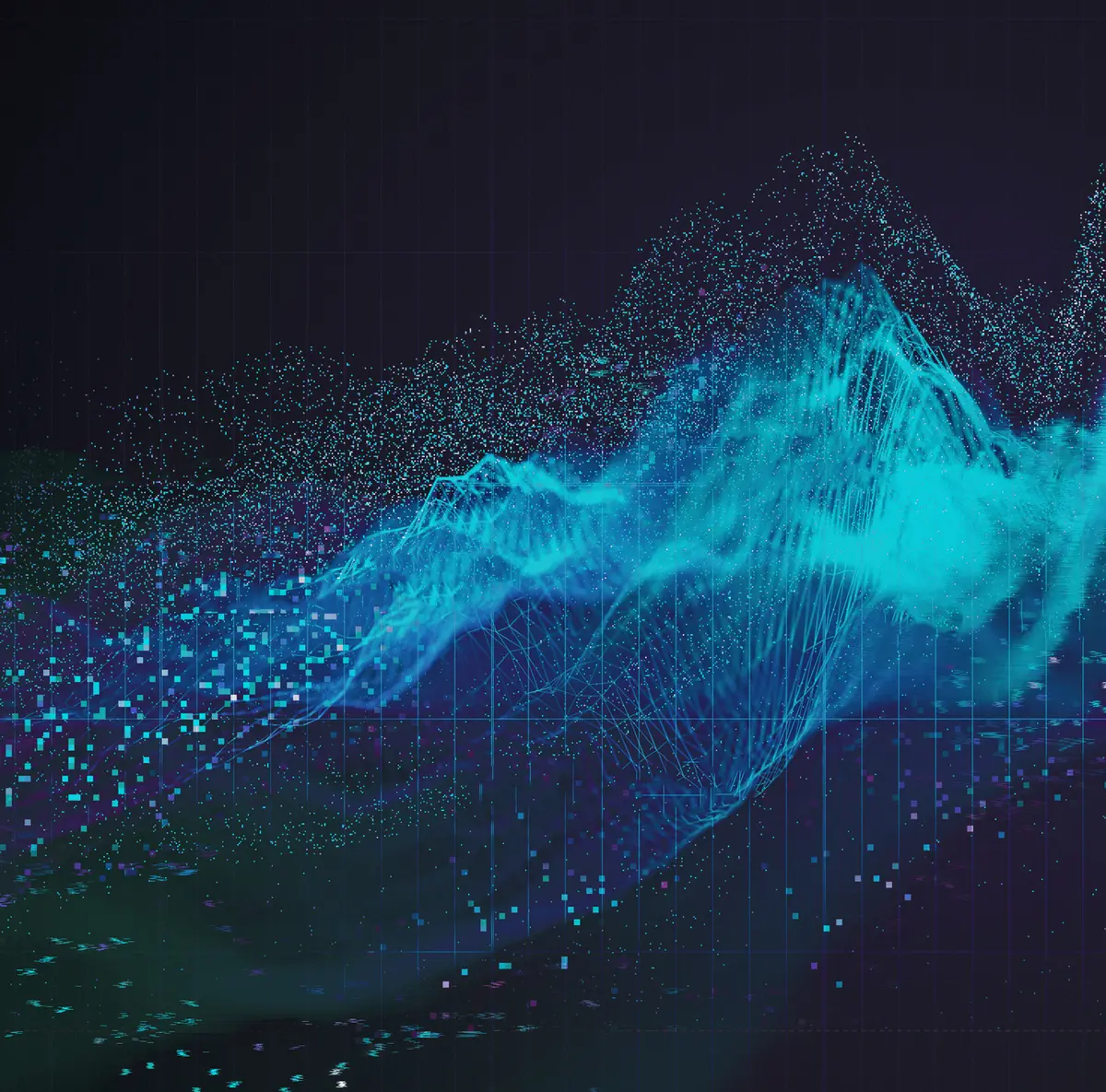Abstract wave of blue data particles and lines over a dark grid, representing transaction flows.