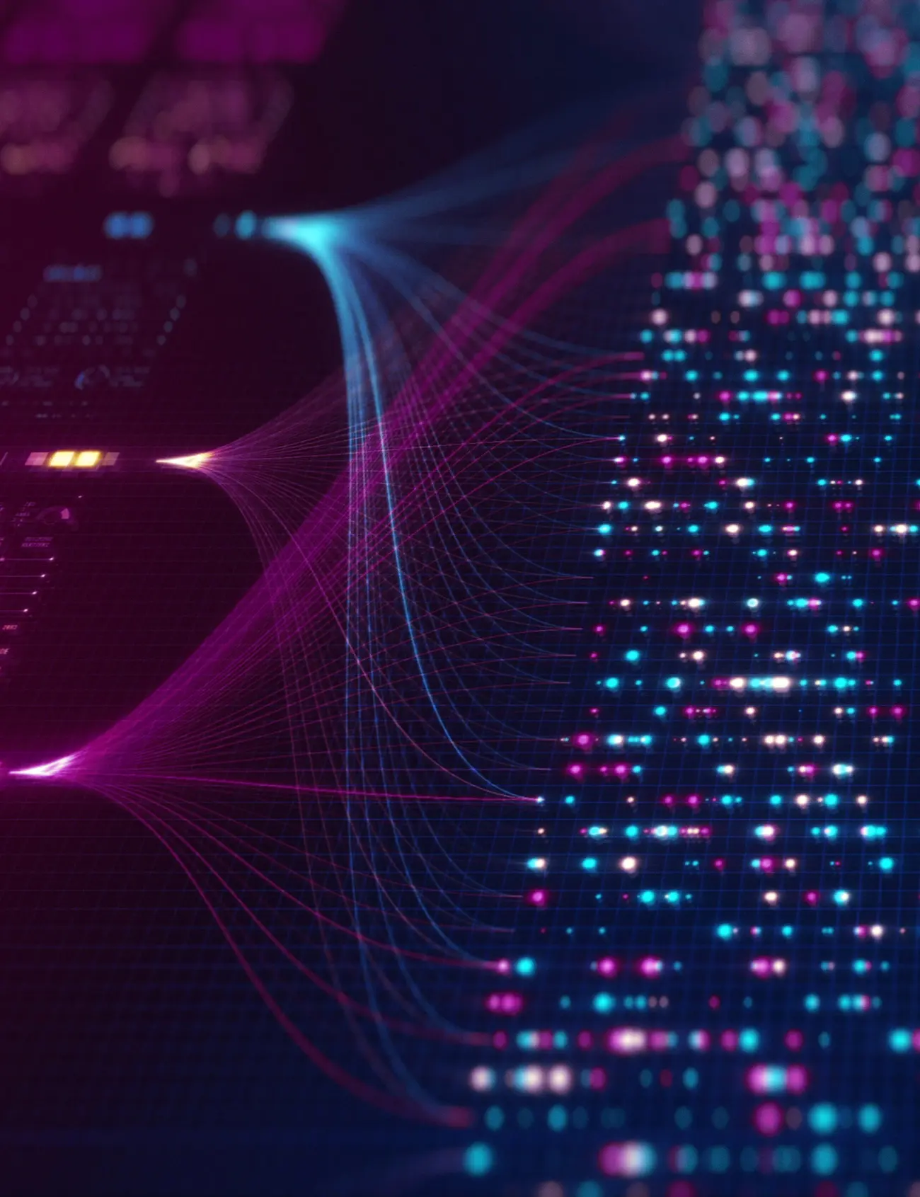 Digital visualization showing flowing data streams connecting to clusters of glowing nodes on a dark grid background.