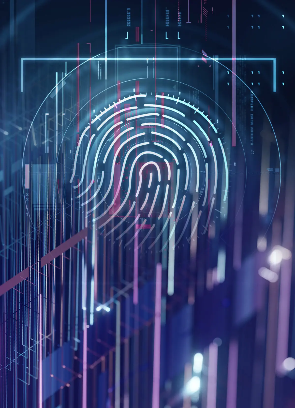Digital fingerprint scan with futuristic blue and purple data visualization lines in the background.
