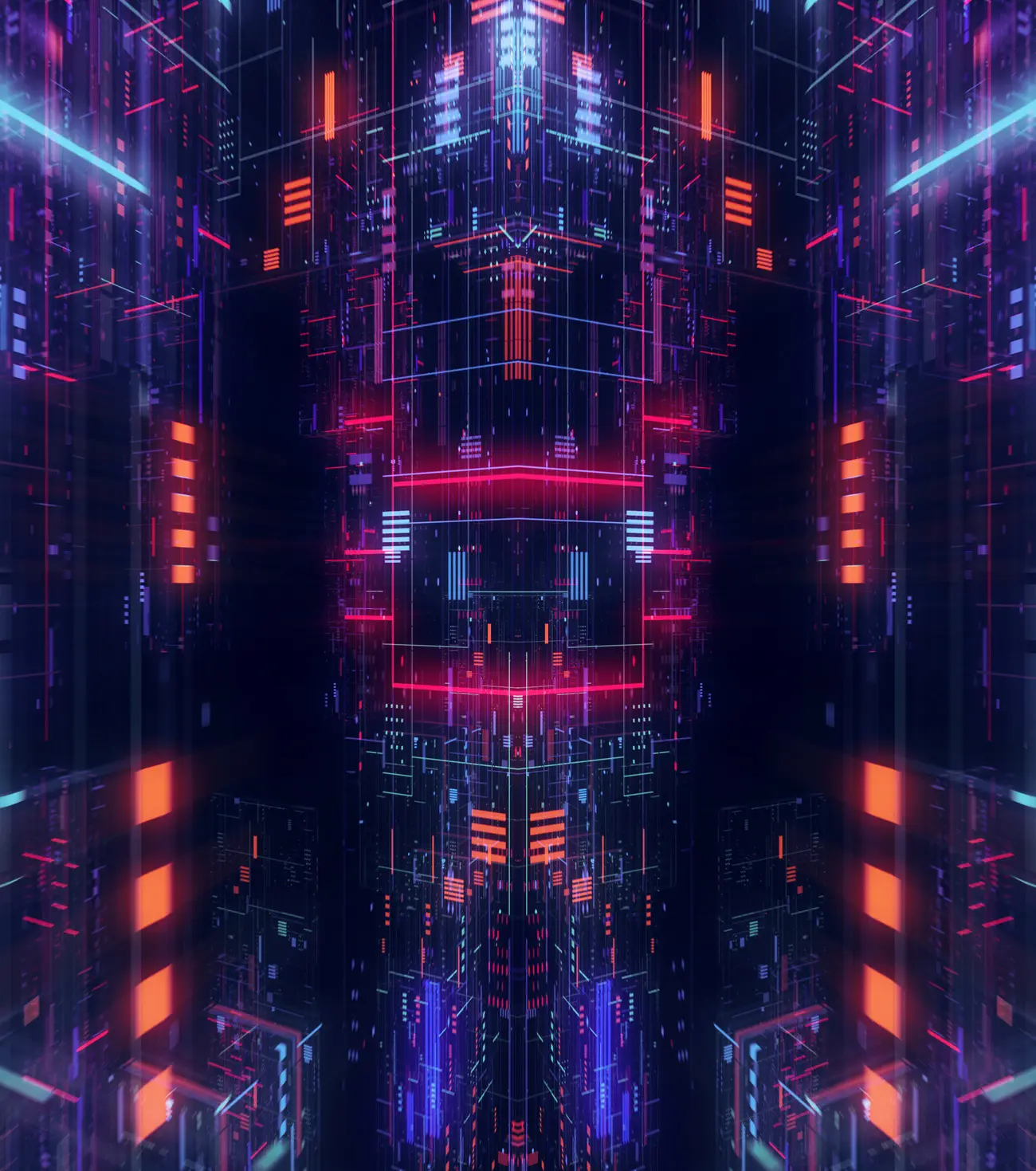 Abstract digital circuit with glowing red, blue, and orange lines and shapes forming a symmetrical futuristic pattern.