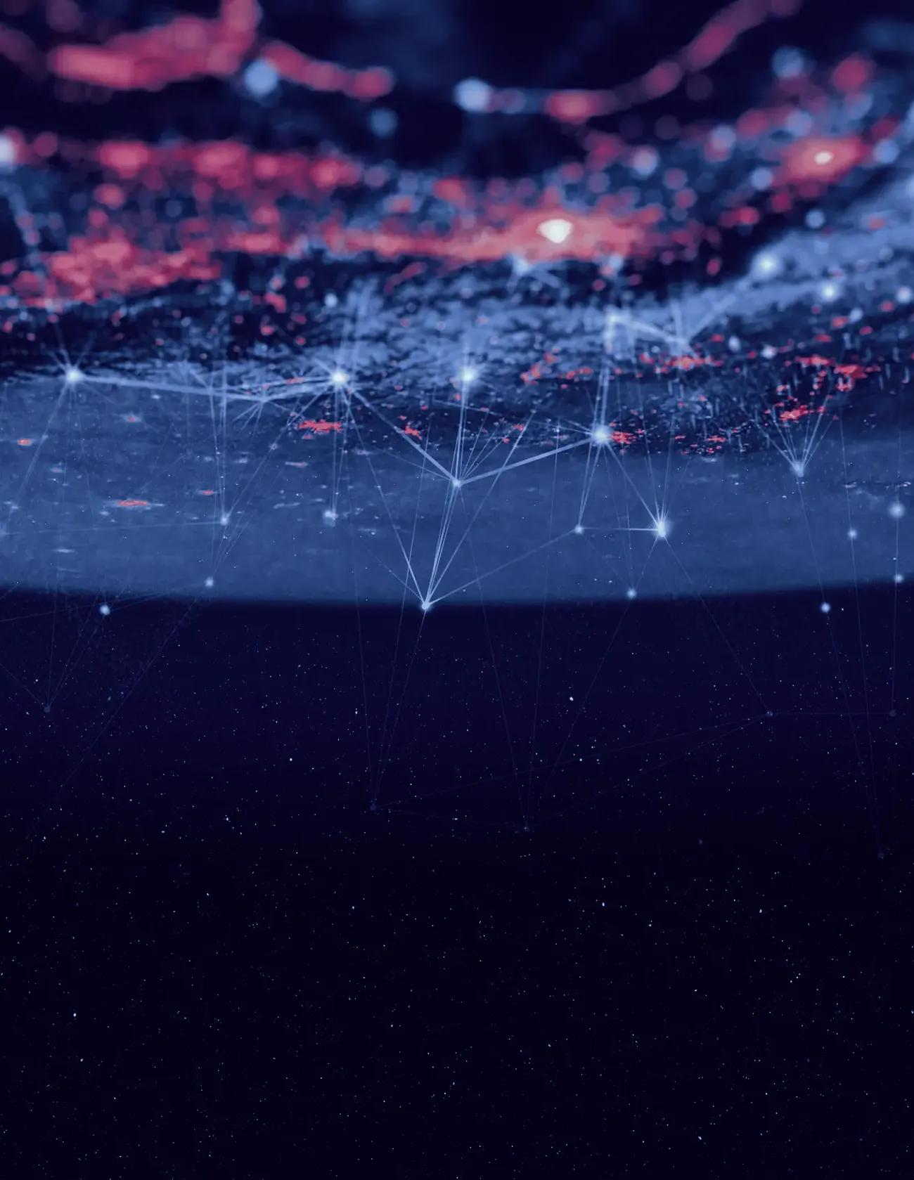 Digital rendering of Earth viewed from space at night showing illuminated city clusters connected by a network of glowing white lines and nodes.