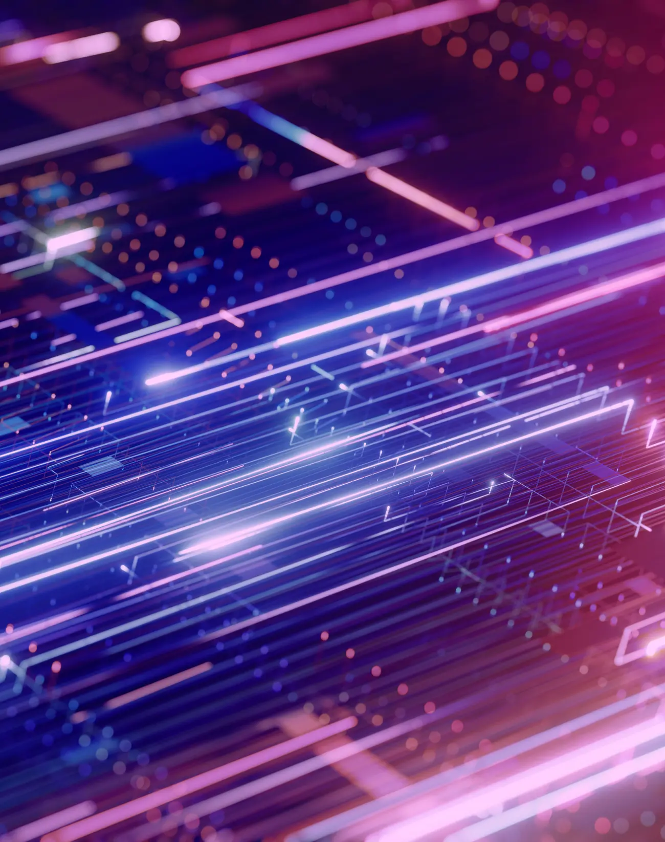 Abstract digital circuit board with glowing pink and blue lines and dots representing data flow.