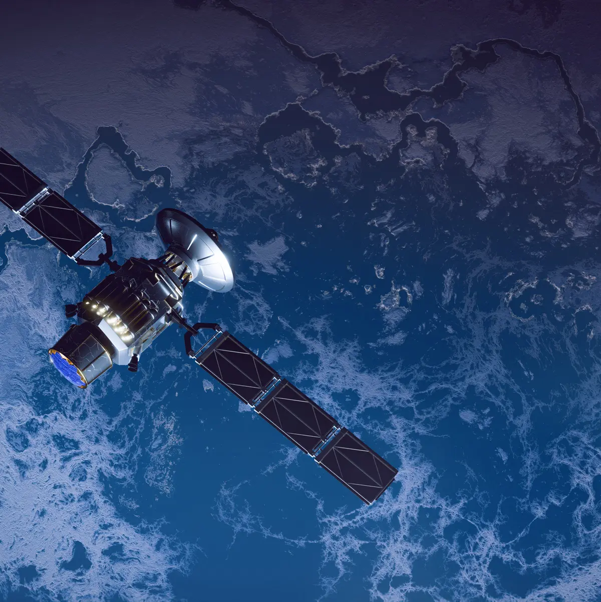Satellite with extended solar panels orbiting Earth over a textured ocean surface.