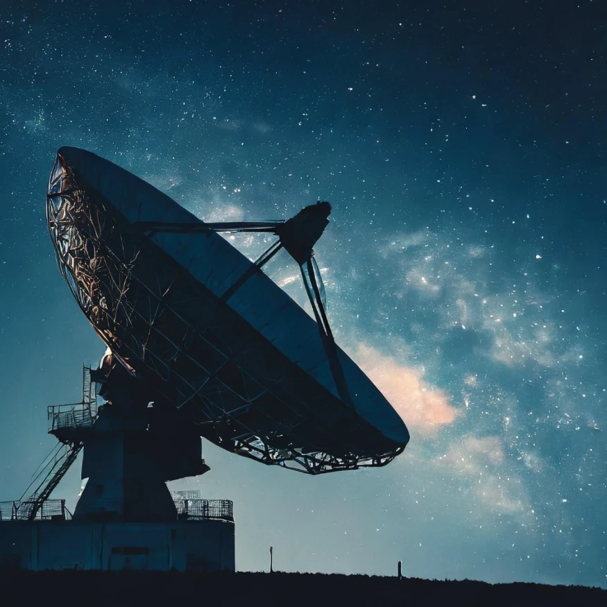 Large ground-station dish antenna silhouetted against a starry night sky.