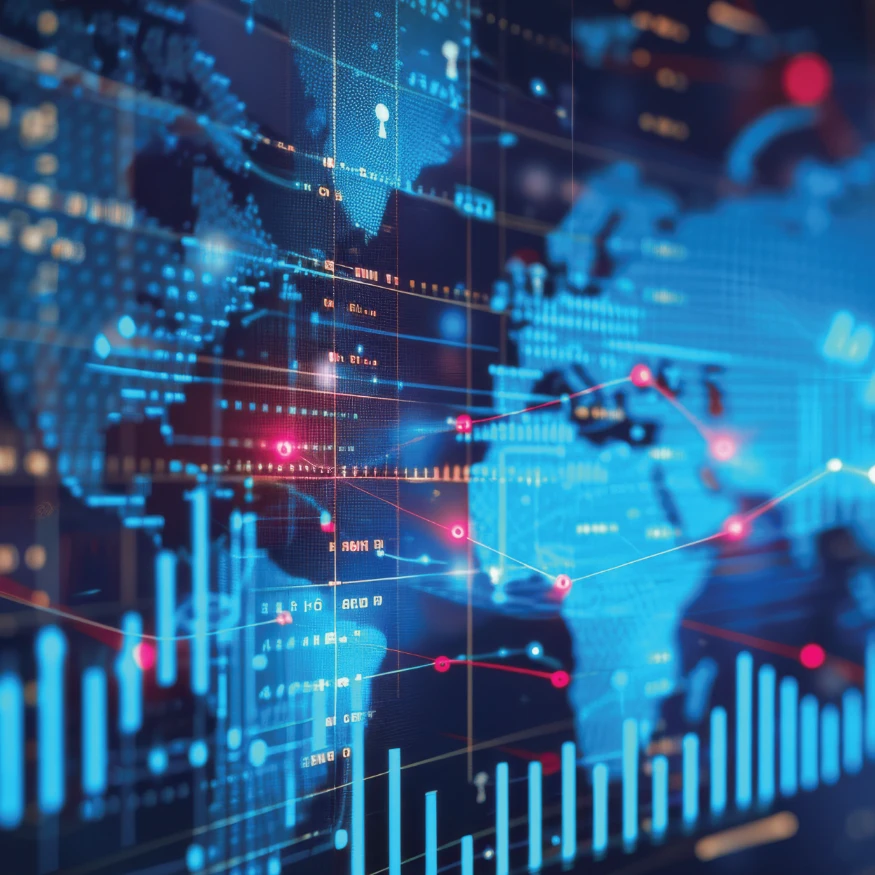 Digital world map with glowing data points and connecting lines overlaid with financial bar charts and graphs.