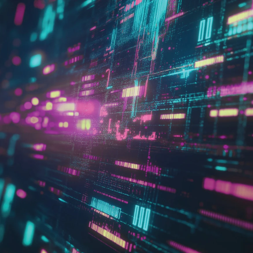 Abstract digital interface with glowing blue, pink, and yellow data grids and lines on a dark background.
