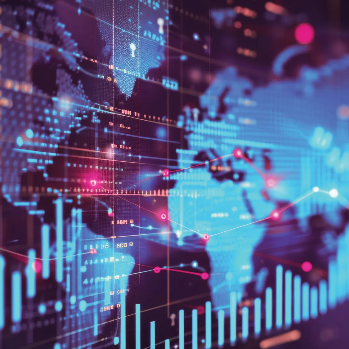 Digital world map with data points, connected lines, and bar charts symbolizing global data networks and cybersecurity.