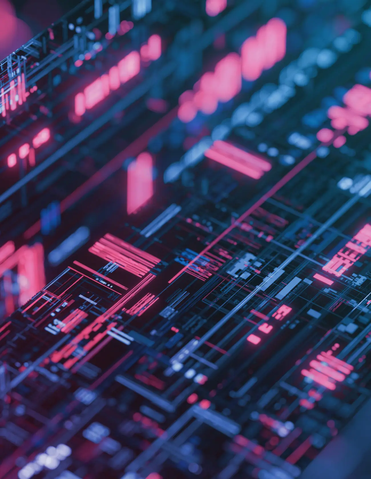 Abstract close-up of digital circuit board with glowing blue and pink lines and shapes.