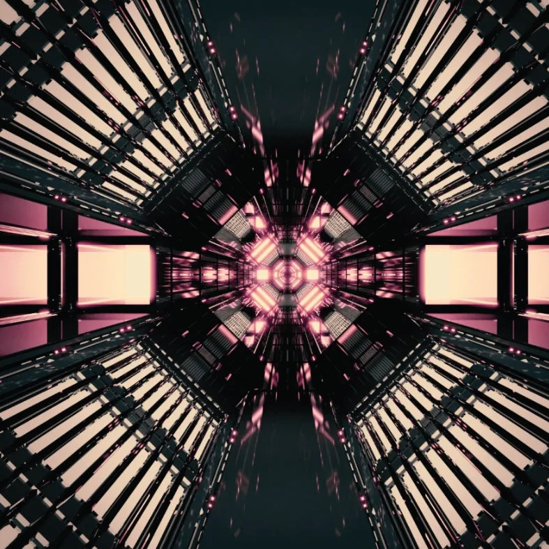 Symmetrical futuristic tunnel with glowing pink and white lights and metallic structures converging at the center.