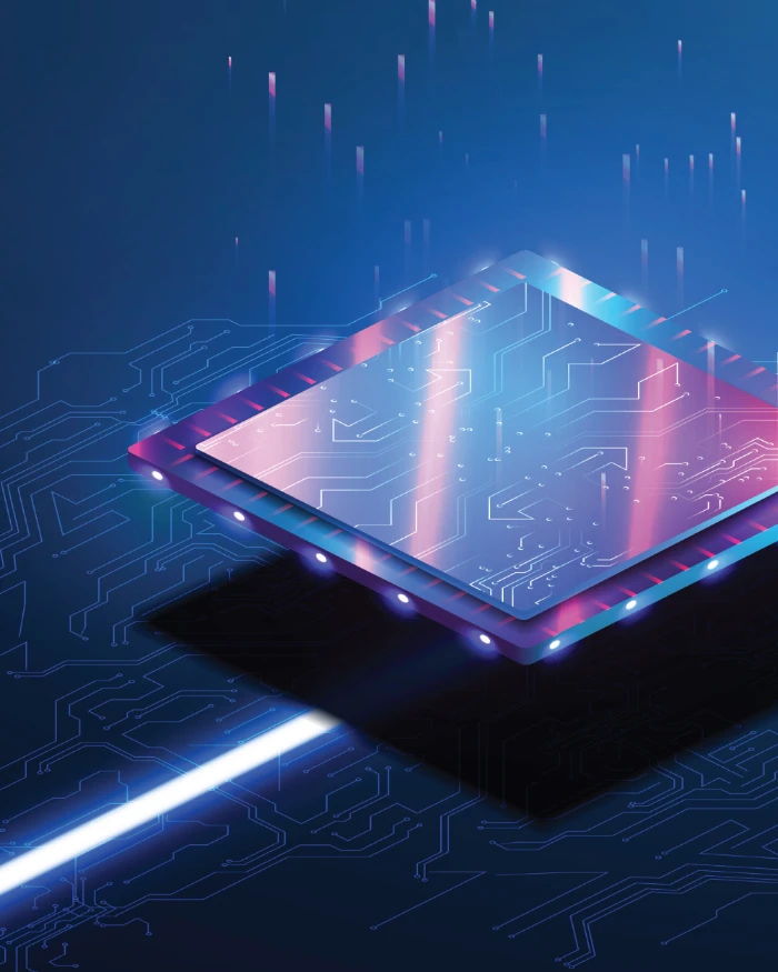 Futuristic glowing microchip with circuit patterns and light beams against a dark blue background.