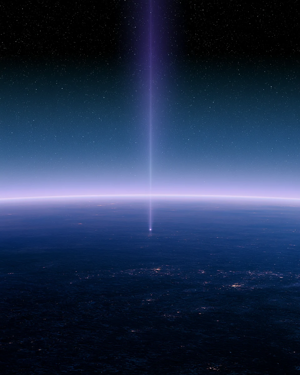 A beam of light descending from orbit to a single point on the dark night side of the Earth.