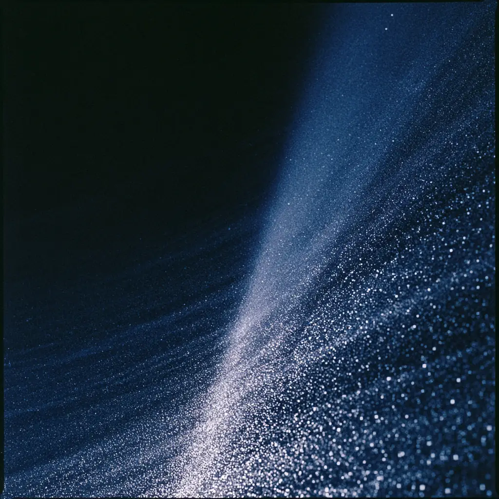 Fields of fine granular static drifting inward and merging into a single column of light on a dark ground.