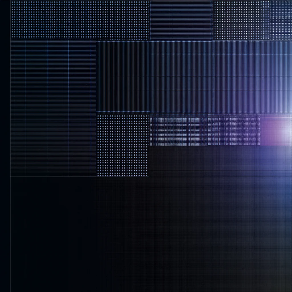 A flat plan of rectangular blocks at differing densities, drawn as thin white light on a dark ground.