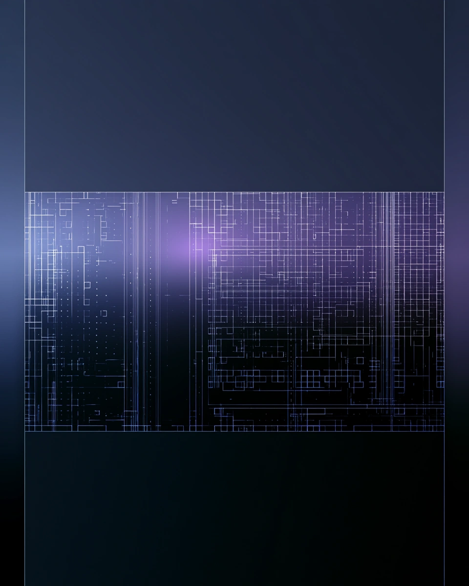 A single dense block of fine structure held at the centre of a dark frame.