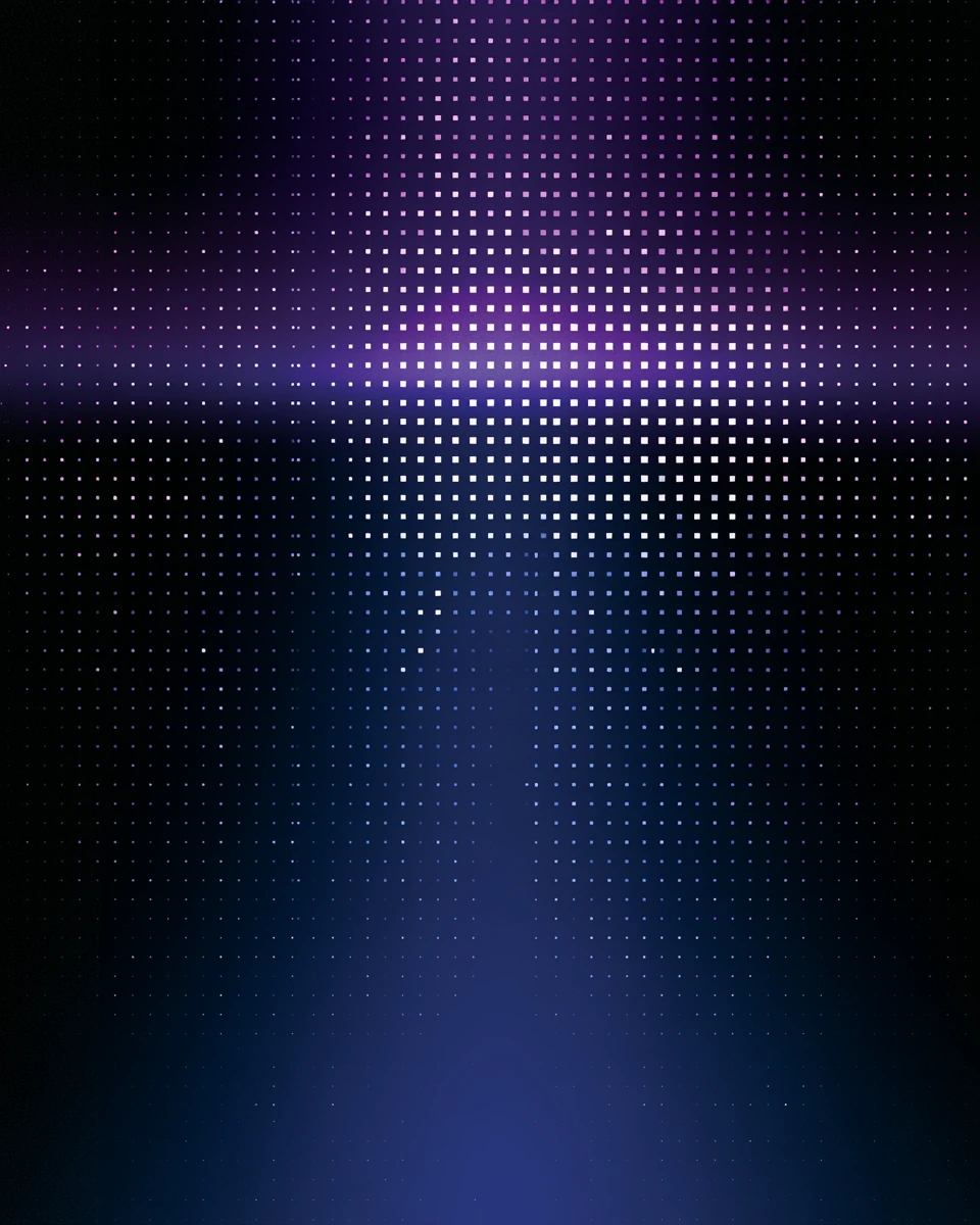 A lattice of small square nodes reconfiguring into a different order across a band of light.