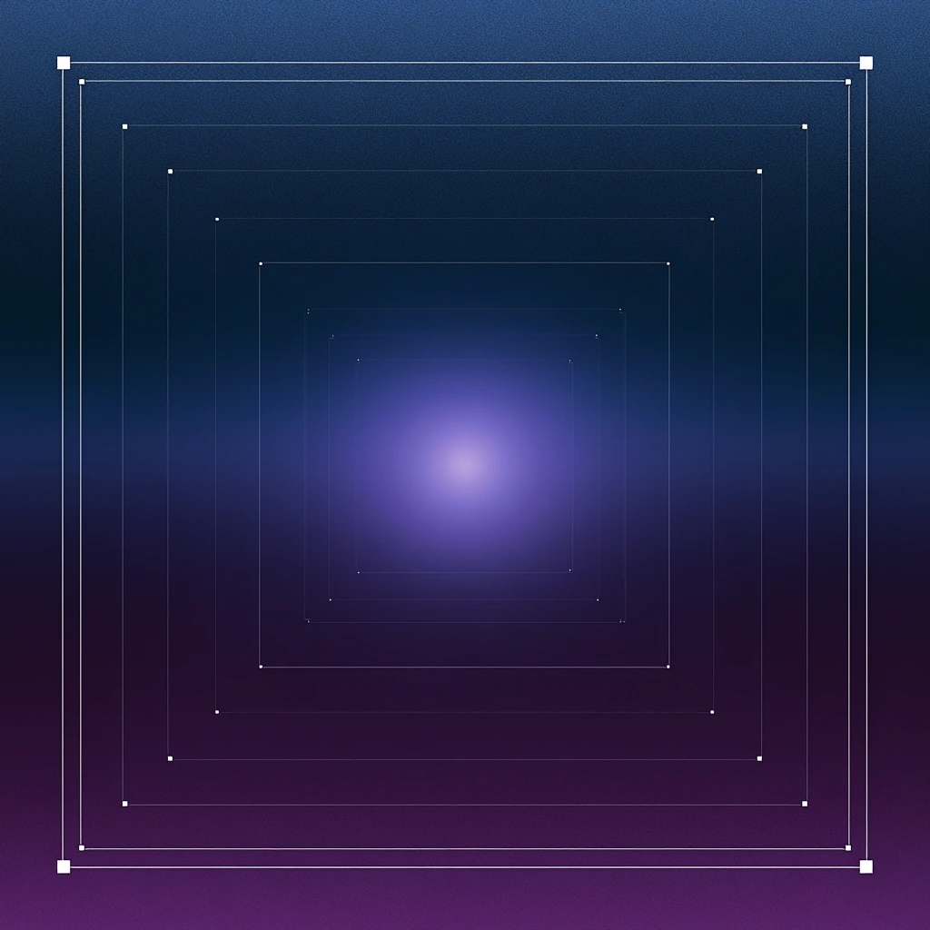 A block of light at the centre of five concentric square hairline rings, each dimmer than the last.
