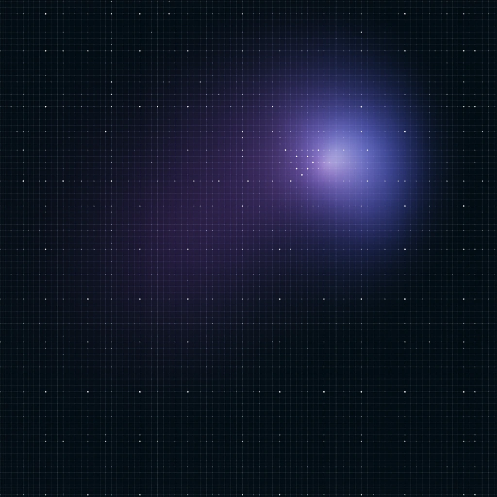 A fine ordered mesh across a dark frame with one small disturbed region blooming with light.