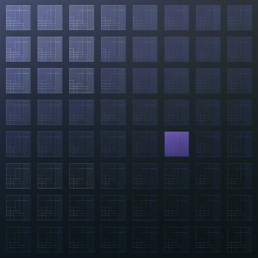 Many small square plans of varying scale tiled across the frame, a few of them lit.