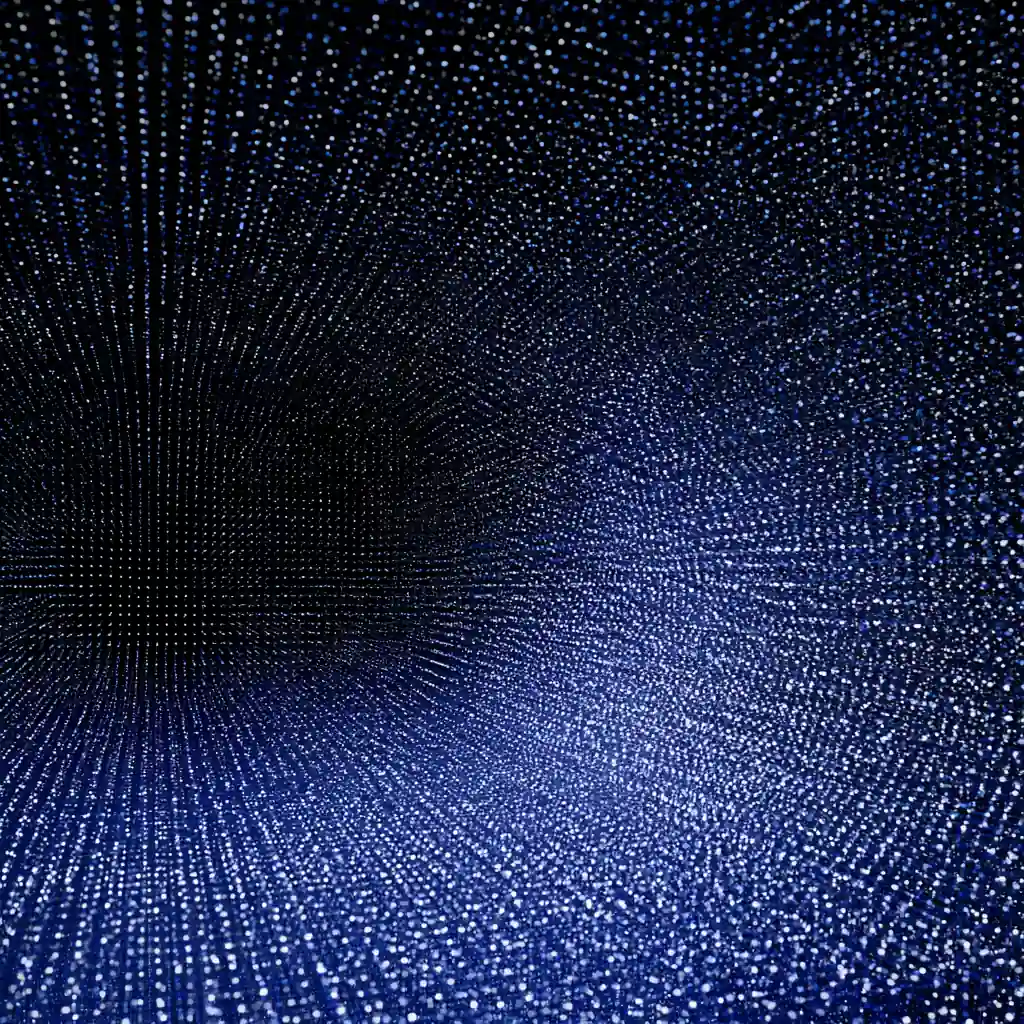 A lattice of small square nodes receding into depth, its order distorted in one region.