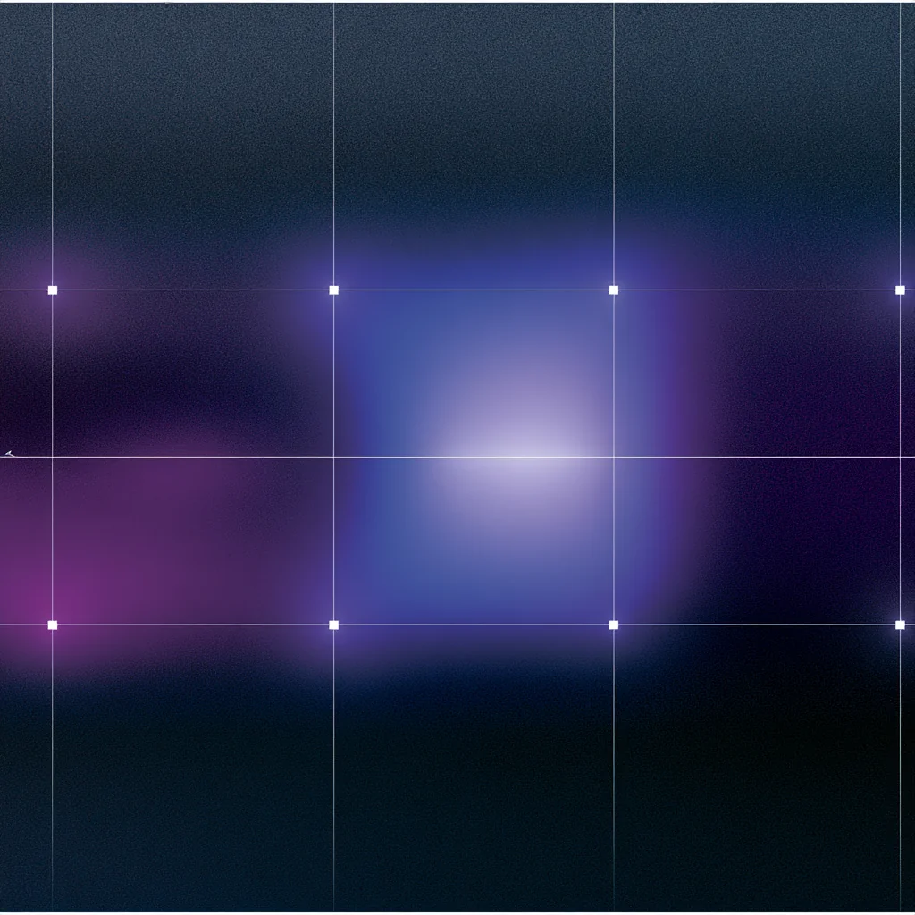 A hairline grid with square nodes and a single contained bloom of light near its centre.