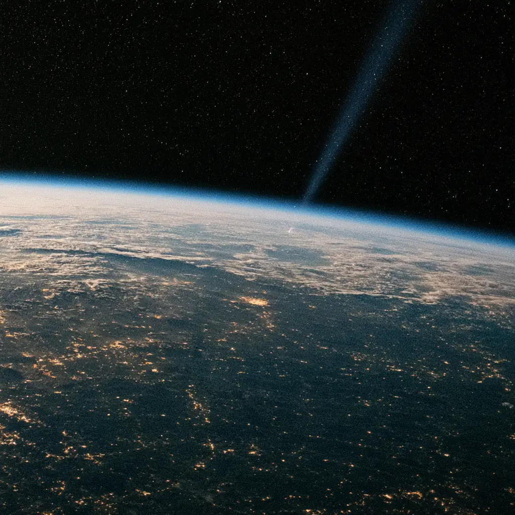 The curve of the Earth at the terminator seen from orbit, with a narrow beam rising through the limb.