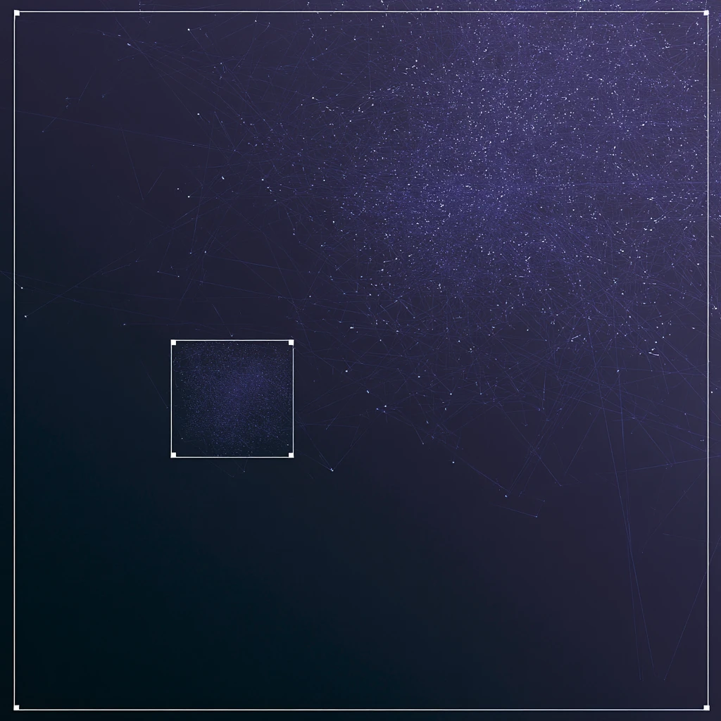 A small block of unique irregular structure alone in an empty frame, registered by a square outline.