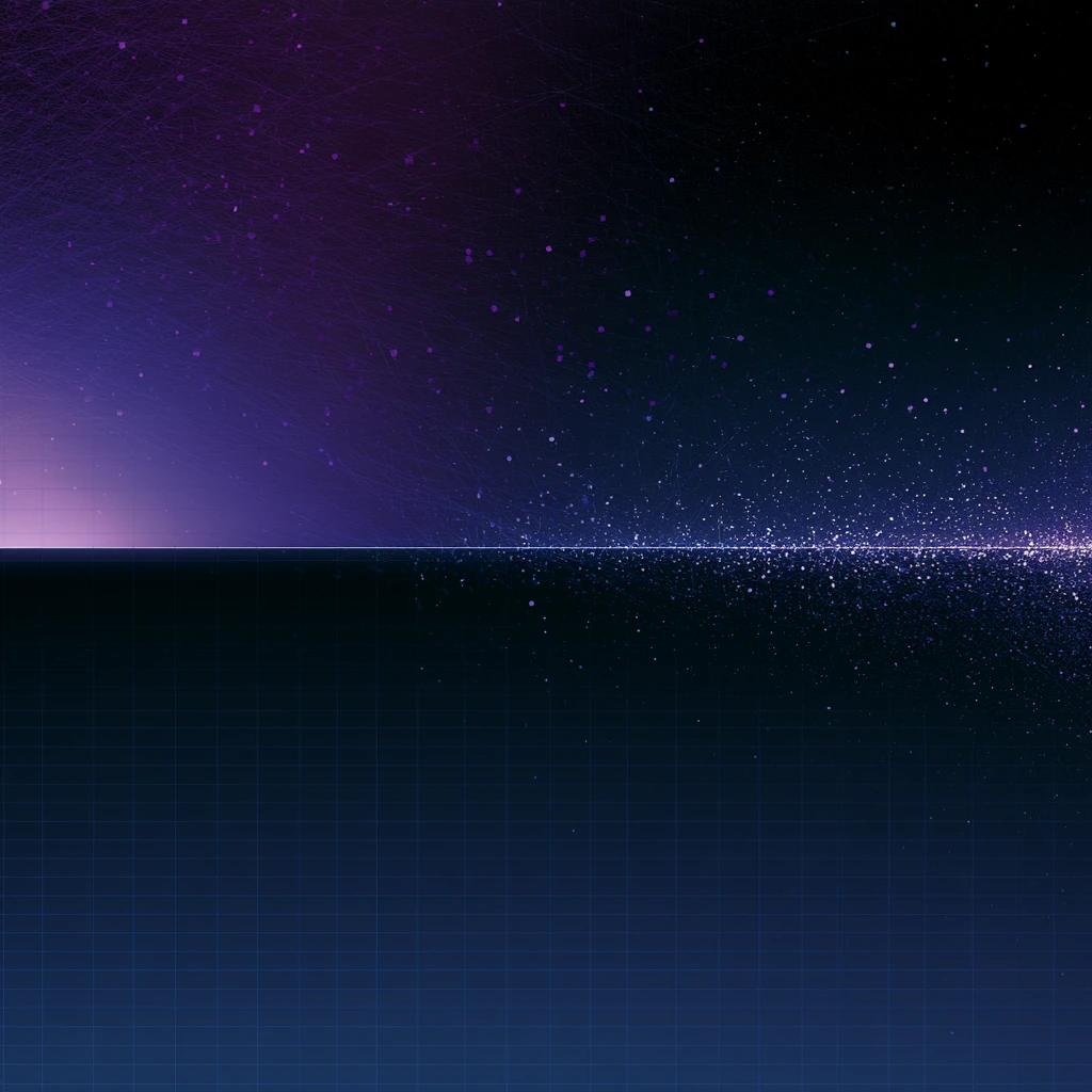 A rigid grid below and a looser filament structure above, interlocking along a bright horizontal seam.